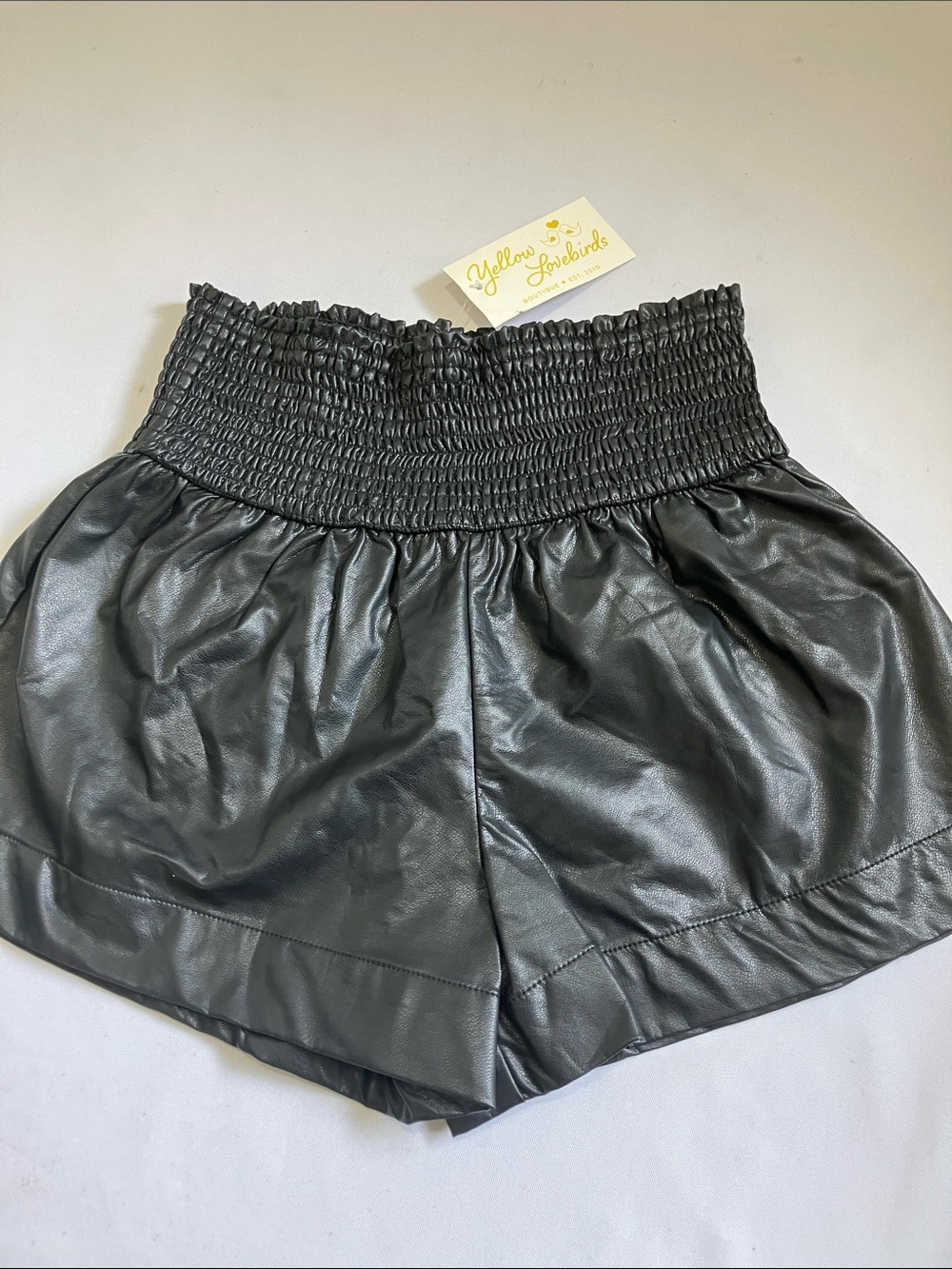 TCEC Black Faux Leather High-Waist Smocked Shorts